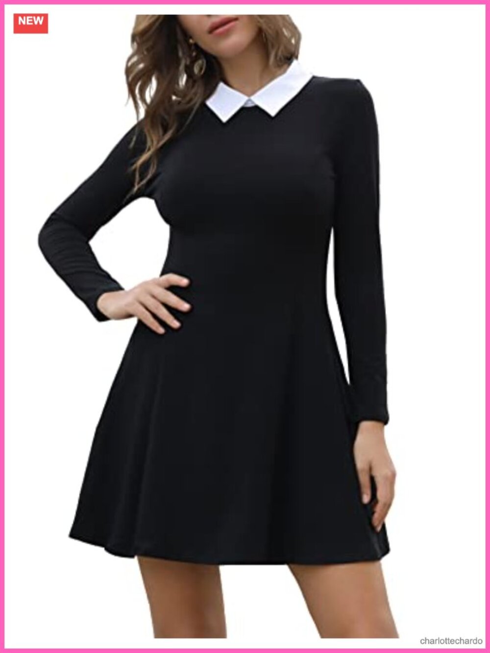 Cotton Peter Pan Collar A-Line Fit and Flare Skater Dress Long Sleeve Goth Dress